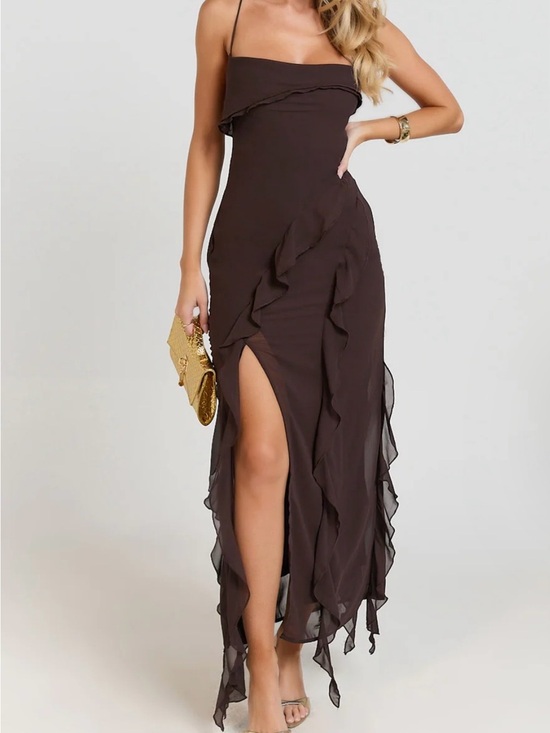 Showpo. Dresses & Skirts - Showpo Brown Ruffled Midi Dress